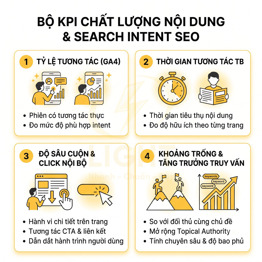 Bộ KPI chất lượng nội dung và search intent SEO với 4 chỉ số tương tác, thời gian, độ sâu cuộn và tăng trưởng truy vấn