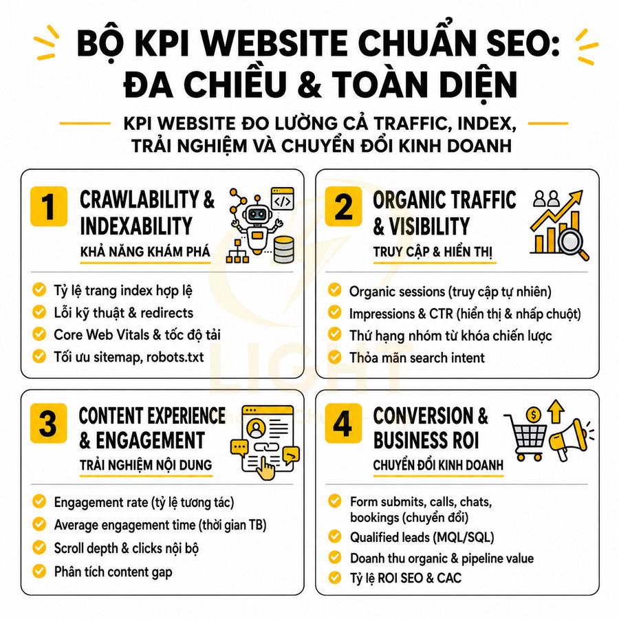 Bộ KPI website chuẩn SEO đa chiều với 4 nhóm chỉ số crawlability, traffic, trải nghiệm nội dung và chuyển đổi kinh doanh