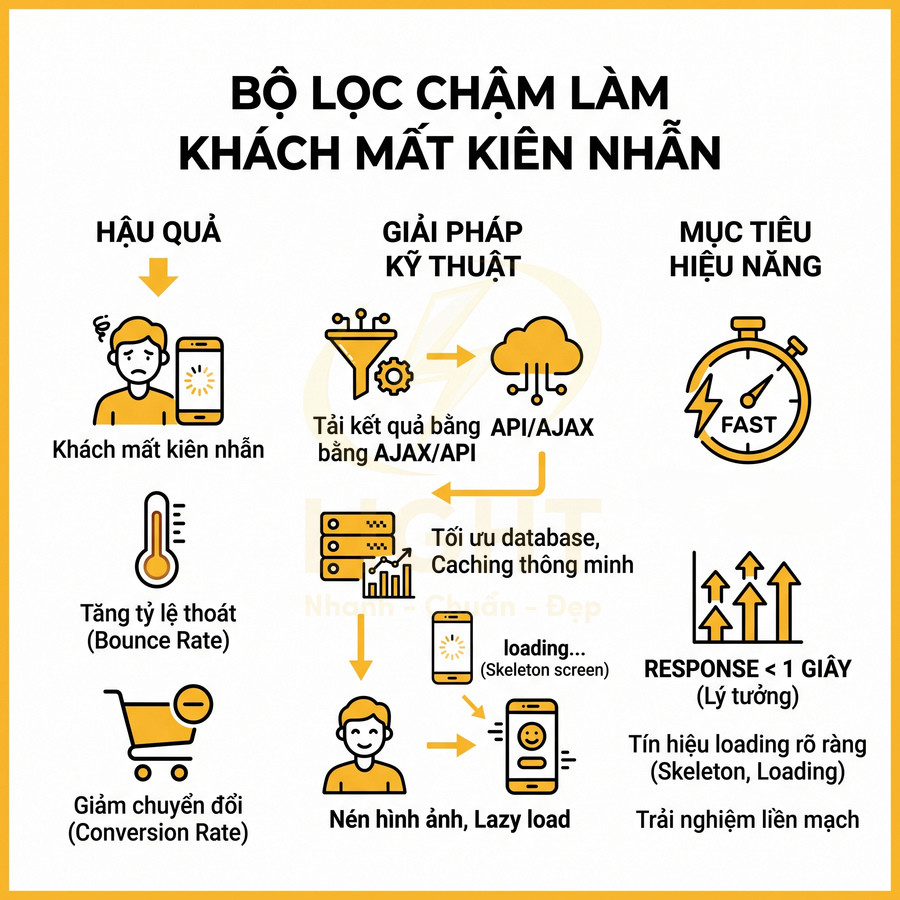 Infographic tối ưu tốc độ bộ lọc web với AJAX API, caching, nén ảnh và lazy load để giảm bounce rate, tăng chuyển đổi