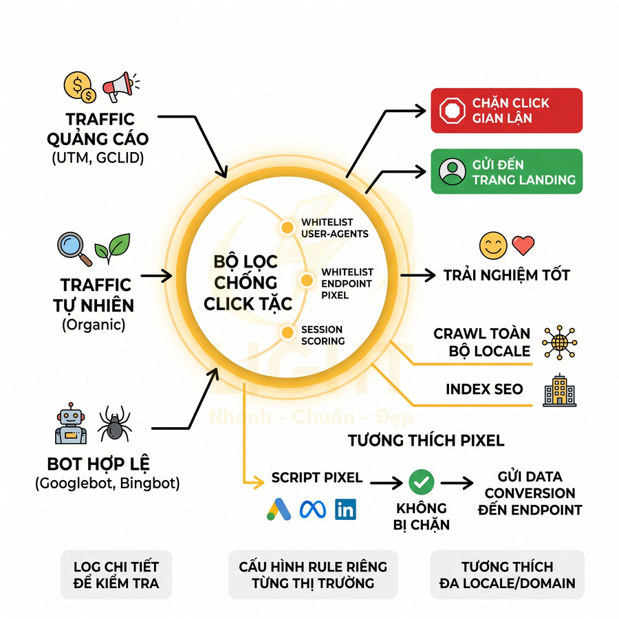 Sơ đồ bộ lọc chống click tặc cho traffic quảng cáo, traffic tự nhiên và bot hợp lệ, tối ưu trải nghiệm và index SEO