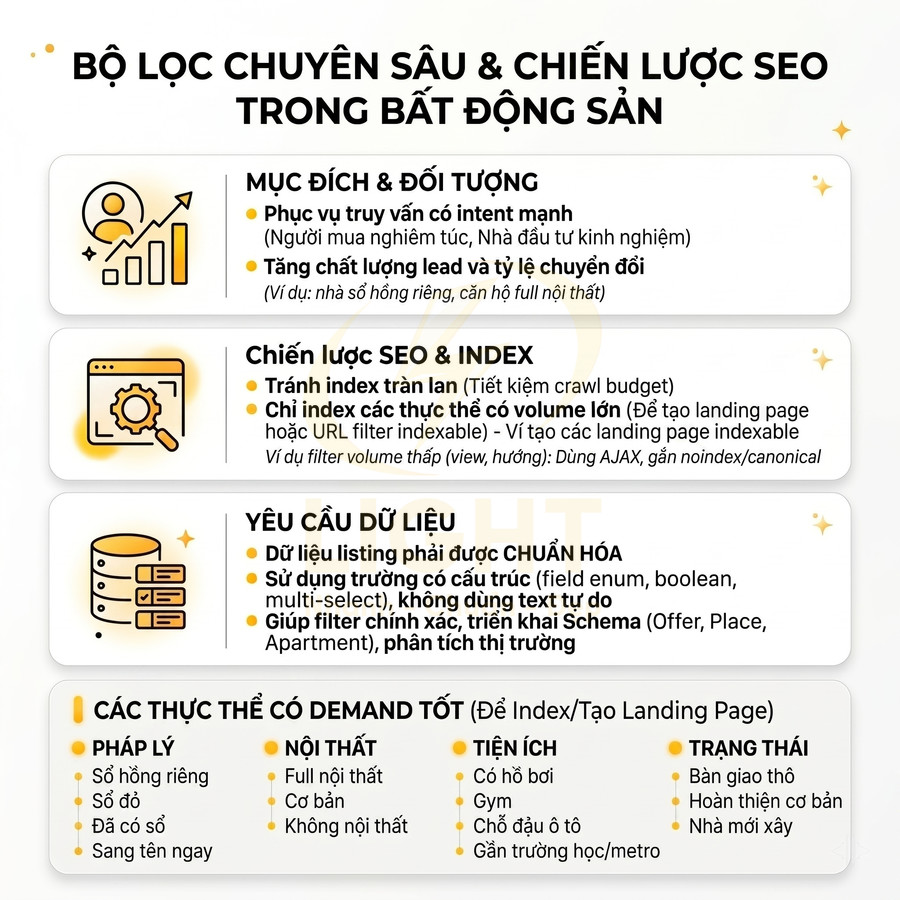 Infographic bộ lọc chuyên sâu và chiến lược SEO trong bất động sản, nêu mục tiêu, yêu cầu dữ liệu và các thực thể có demand tốt