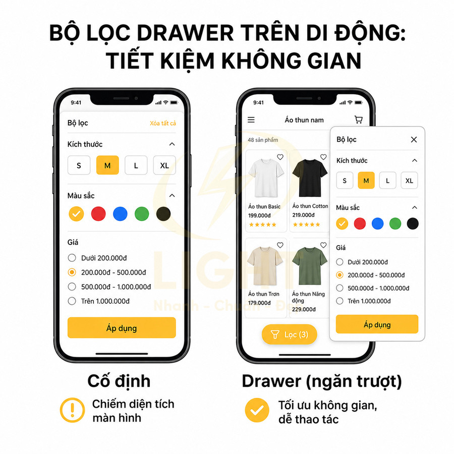 Giao diện bộ lọc drawer trên ứng dụng mua áo thun nam trên iPhone, tối ưu không gian màn hình