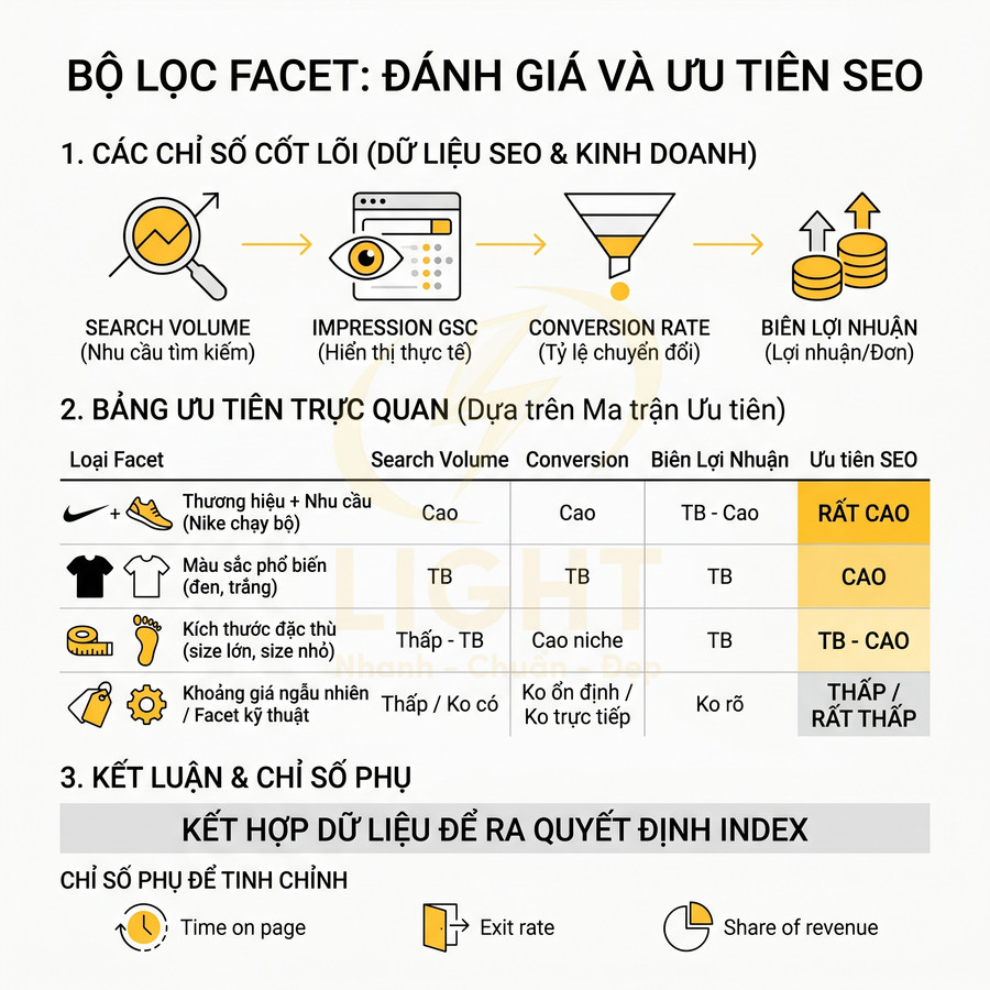Infographic bộ lọc facet đánh giá và ưu tiên SEO với bảng chỉ số search volume, conversion và lợi nhuận