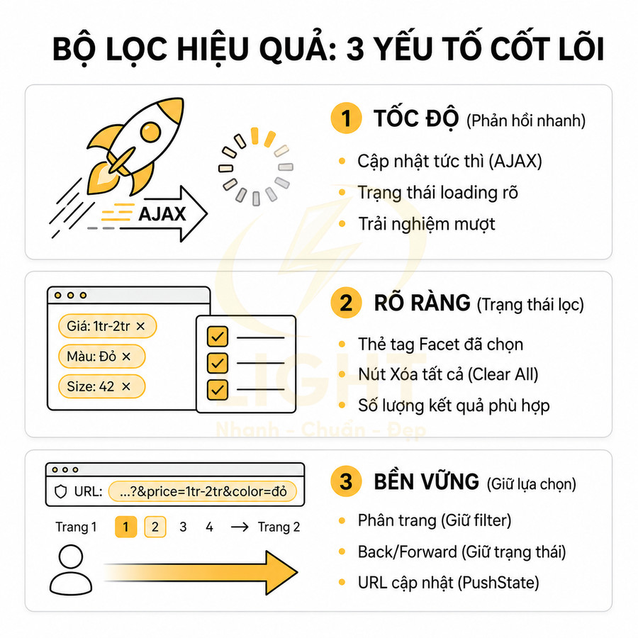 Infographic bộ lọc sản phẩm hiệu quả với 3 yếu tố tốc độ rõ ràng bền vững trong trải nghiệm người dùng