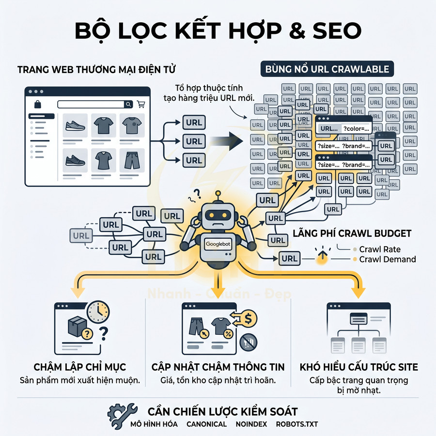 Minh họa bộ lọc kết hợp trên website thương mại điện tử và tác động đến SEO, crawl budget của Googlebot