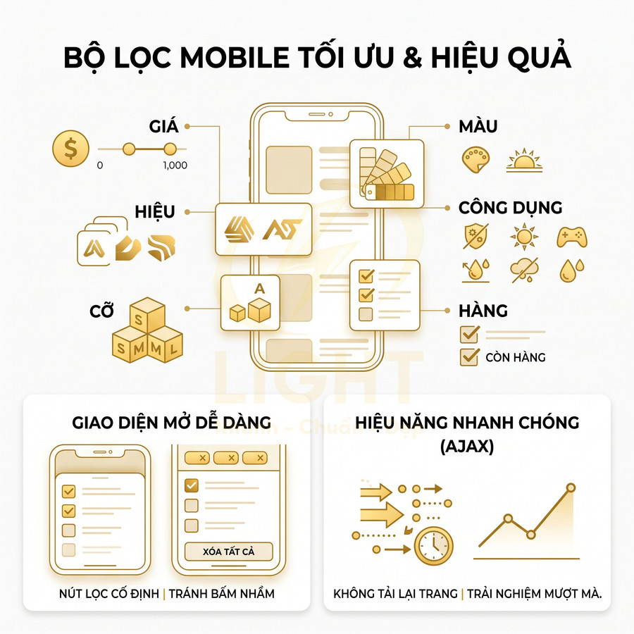 Bộ lọc sản phẩm trên giao diện mobile với các tùy chọn giá, màu, kích cỡ, thương hiệu và hiệu năng AJAX mượt mà