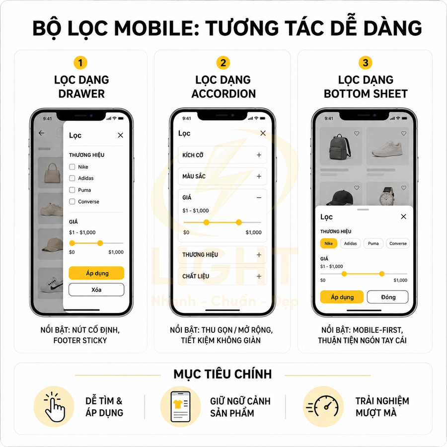 Giao diện bộ lọc sản phẩm trên ứng dụng mua sắm mobile với ba kiểu hiển thị drawer accordion bottom sheet