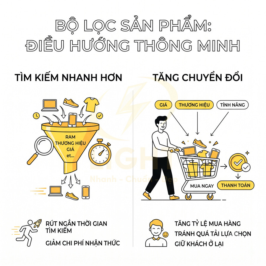 Minh họa bộ lọc sản phẩm giúp khách hàng tìm kiếm nhanh hơn và tăng chuyển đổi khi mua sắm online