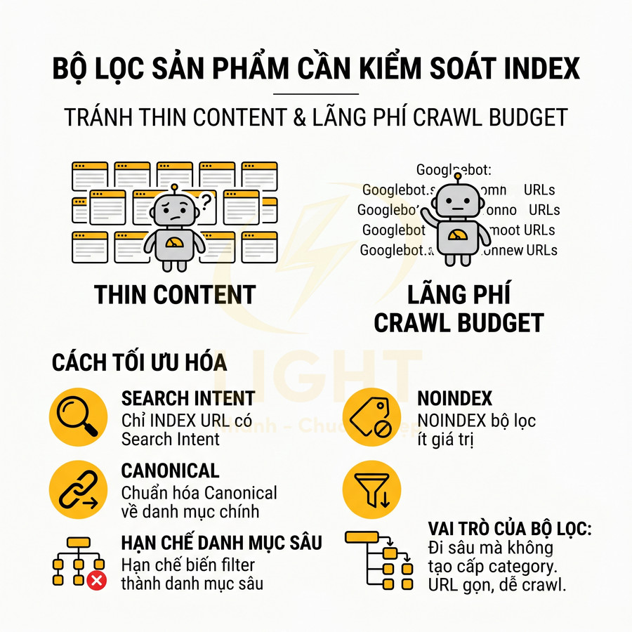 Infographic bộ lọc sản phẩm kiểm soát index tránh thin content và lãng phí crawl budget trong SEO