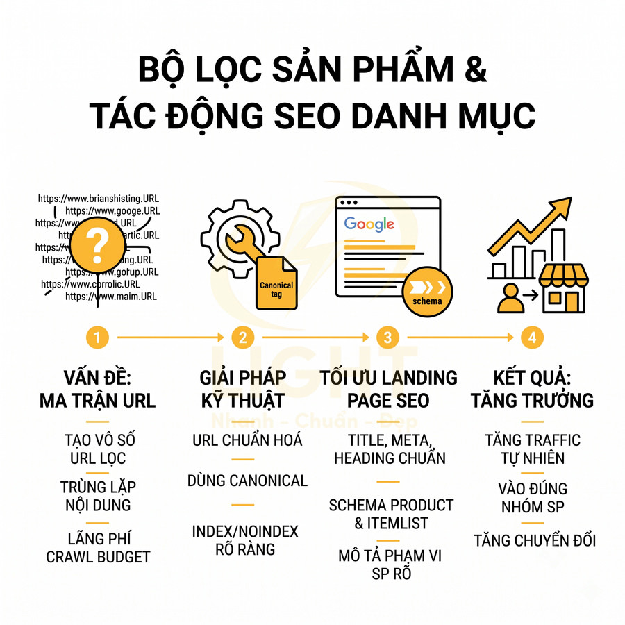 Bộ lọc sản phẩm và quy trình tối ưu SEO danh mục từ xử lý ma trận URL đến tăng trưởng traffic và chuyển đổi