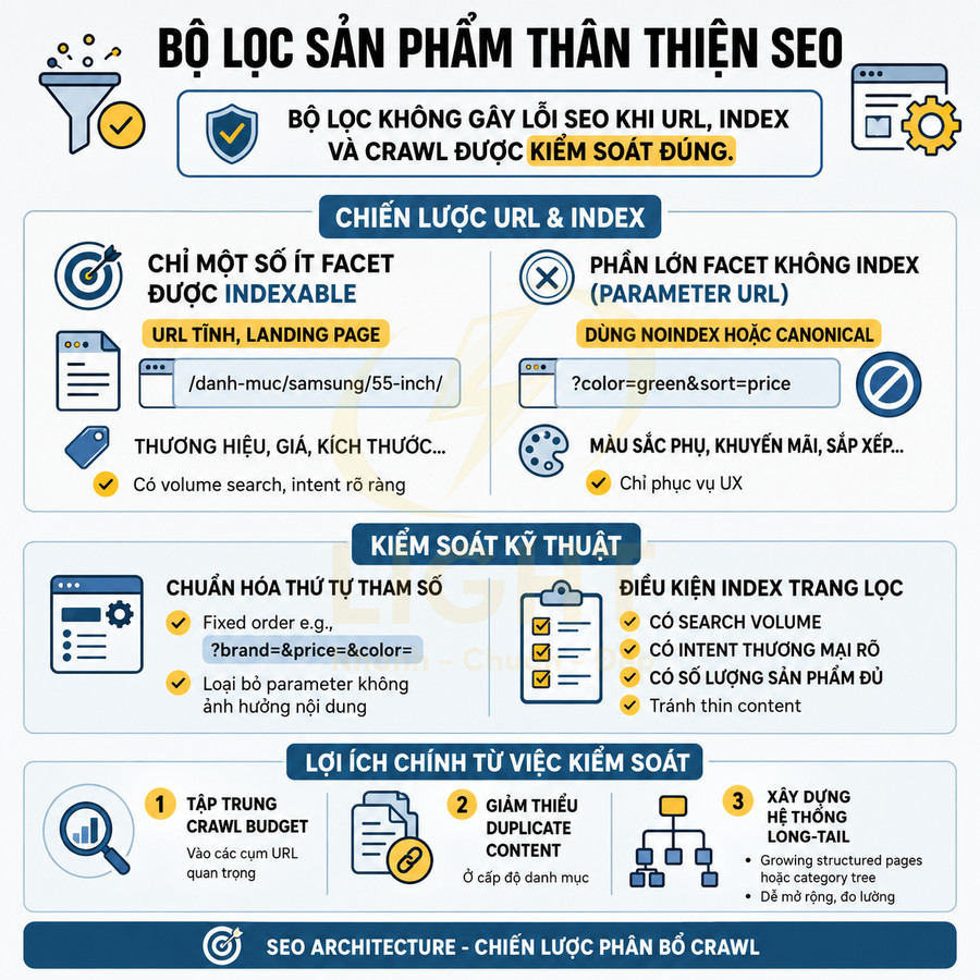 Infographic hướng dẫn tối ưu bộ lọc sản phẩm thân thiện SEO với chiến lược URL, index và kiểm soát kỹ thuật