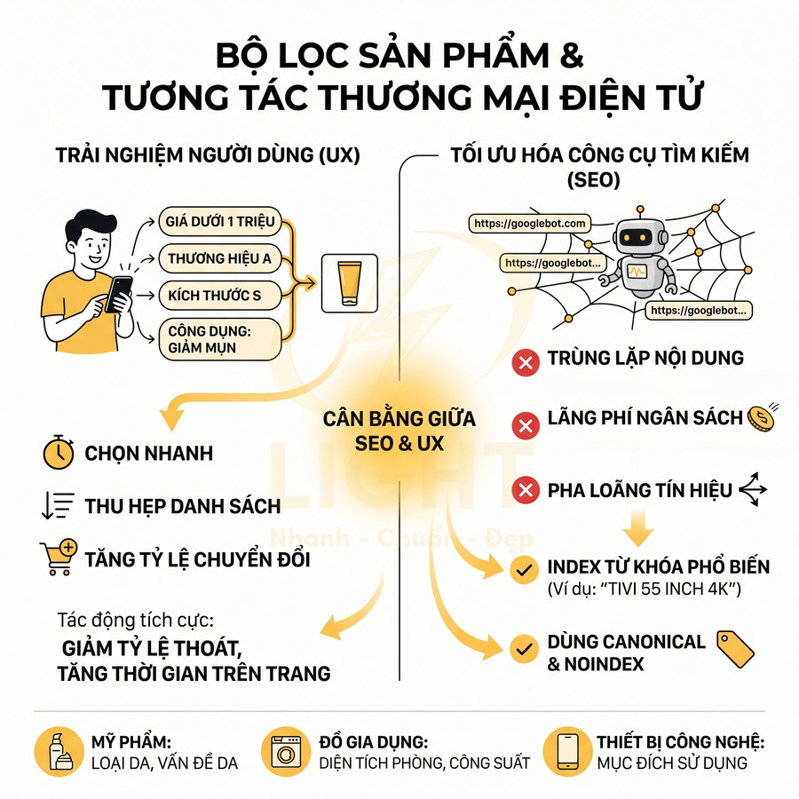 Infographic bộ lọc sản phẩm thương mại điện tử cân bằng trải nghiệm người dùng và tối ưu SEO