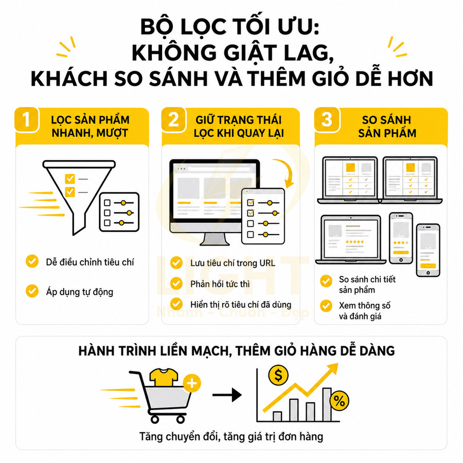 Mô tả bộ lọc sản phẩm tối ưu cho website giúp lọc nhanh, giữ trạng thái, so sánh và thêm giỏ hàng dễ dàng
