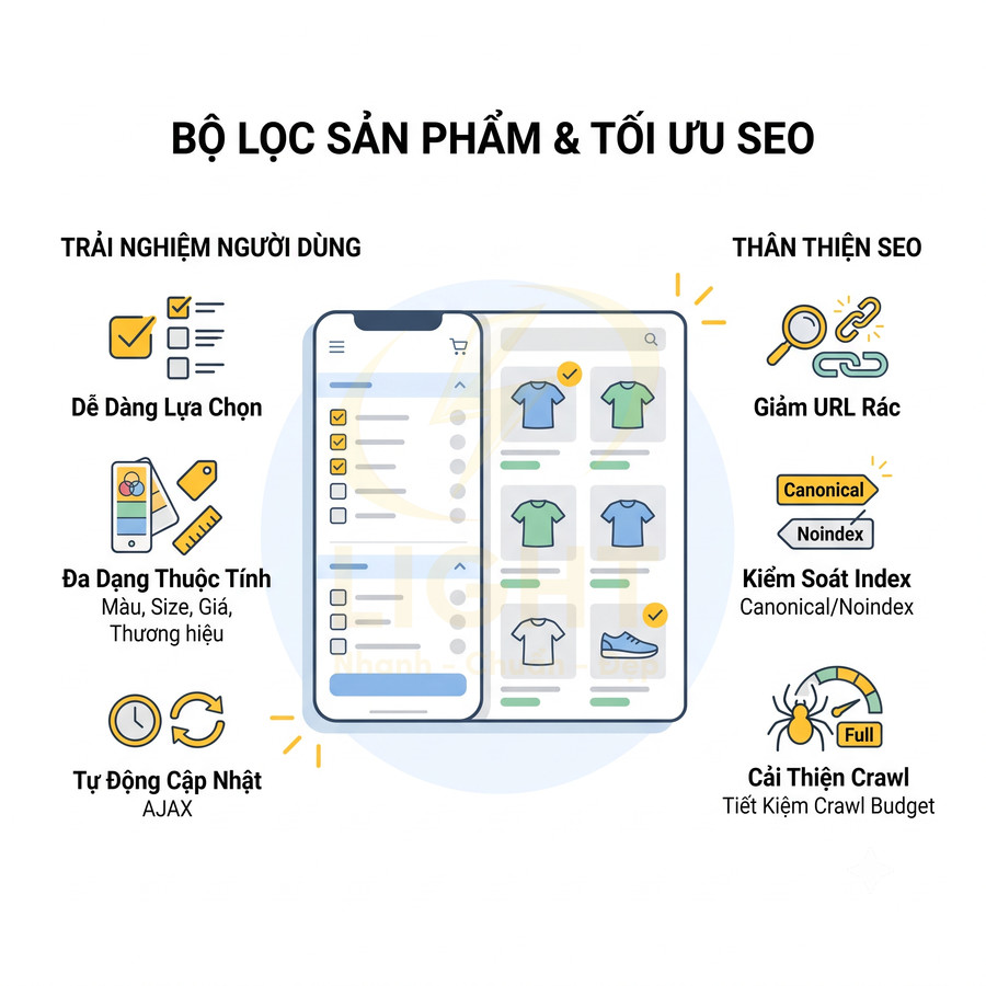 Giao diện bộ lọc sản phẩm trên website bán áo thun và giày, tối ưu trải nghiệm người dùng và hỗ trợ SEO