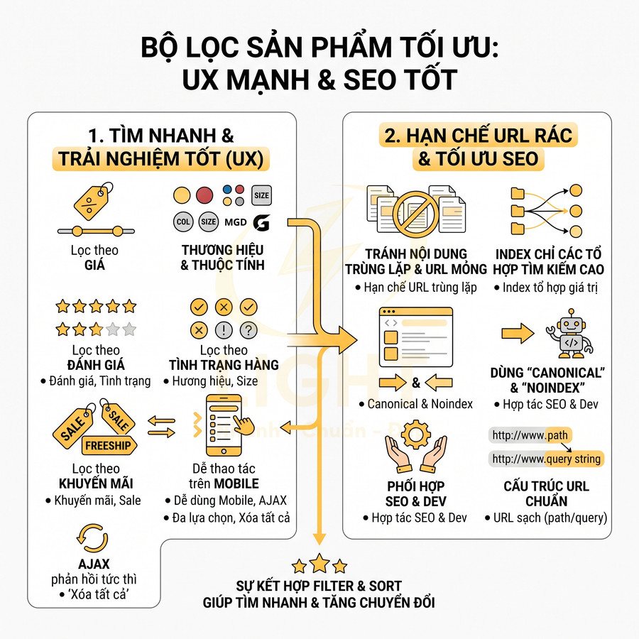 Infographic bộ lọc sản phẩm tối ưu giúp cải thiện UX, tìm kiếm nhanh và tối ưu SEO cho website thương mại điện tử