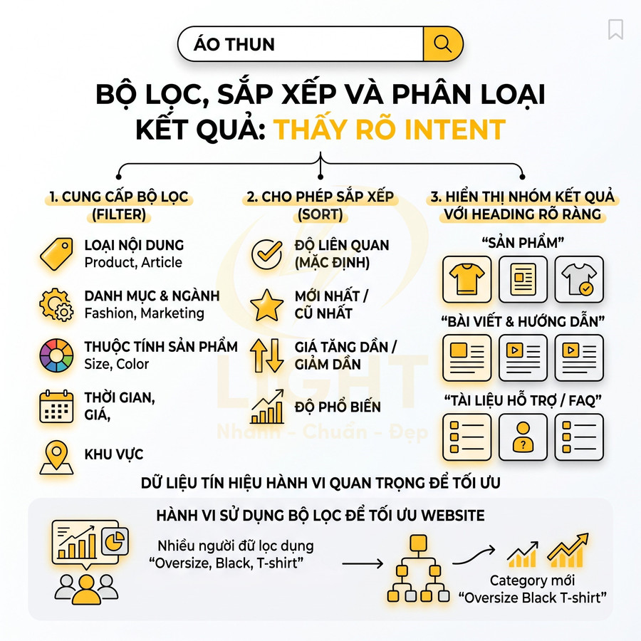 Infographic hướng dẫn tối ưu bộ lọc và sắp xếp kết quả tìm kiếm áo thun trên website thương mại điện tử