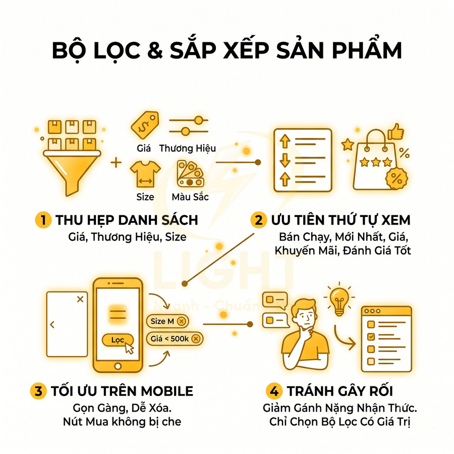 Bộ lọc và sắp xếp sản phẩm thương mại điện tử với các tiêu chí giá, thương hiệu, size, màu sắc và tối ưu trên mobile