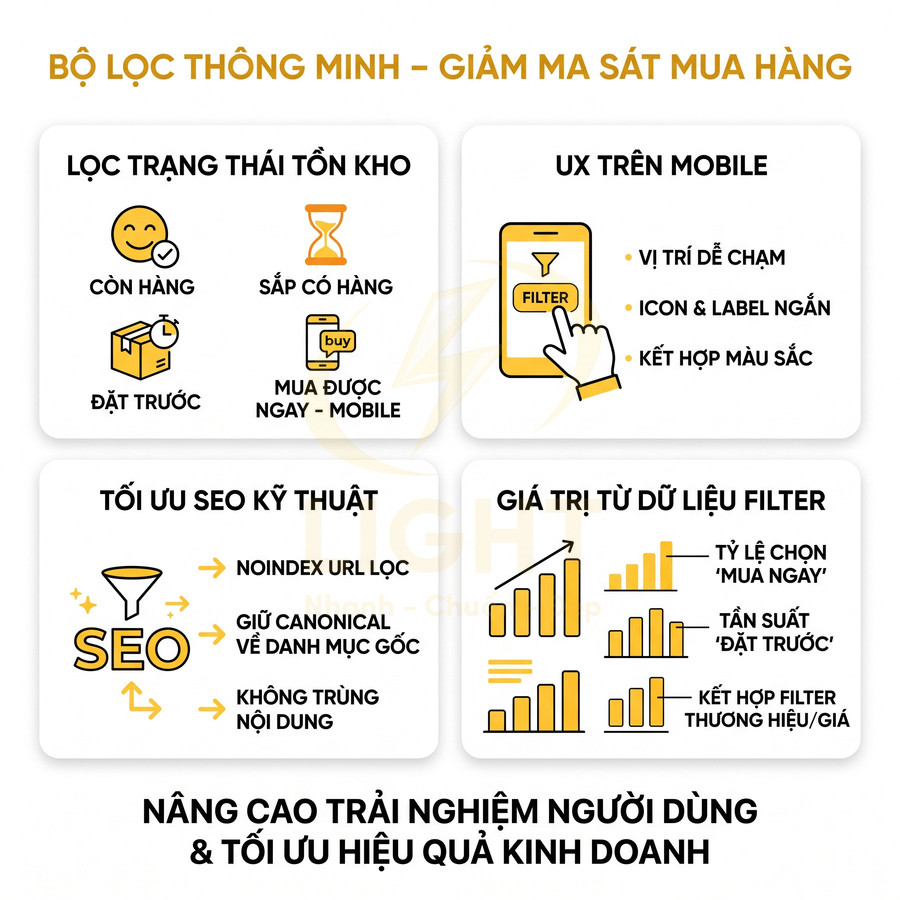 Infographic bộ lọc thông minh giảm ma sát mua hàng, tối ưu UX mobile, SEO kỹ thuật và giá trị dữ liệu filter
