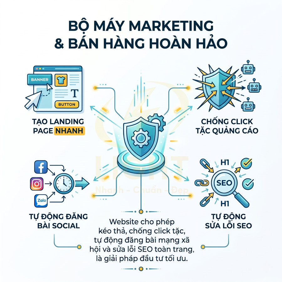 Giải pháp website marketing tự động tạo landing page, chống click tặc, đăng bài social và sửa lỗi SEO toàn trang
