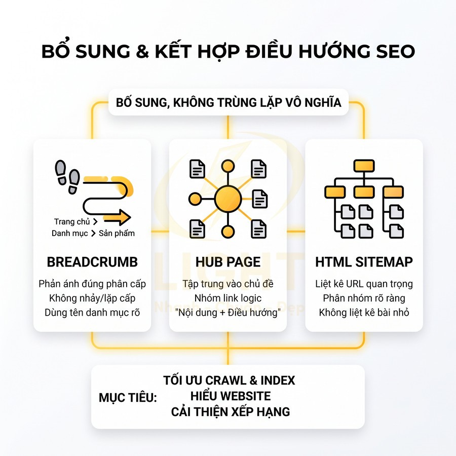 Mô hình điều hướng SEO với breadcrumb hub page và HTML sitemap giúp tối ưu crawl index và cải thiện xếp hạng website