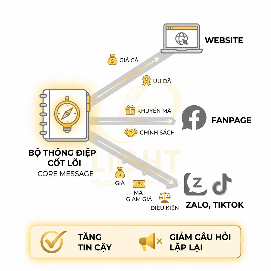 Sơ đồ bộ thông điệp cốt lõi phân phối giá cả, ưu đãi, khuyến mãi, chính sách lên website, fanpage, Zalo và TikTok