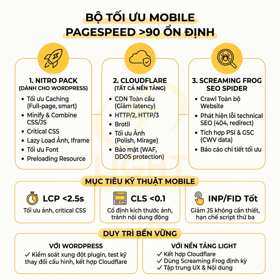 Bộ giải pháp tối ưu mobile PageSpeed trên 90 với Nitro Pack, Cloudflare và Screaming Frog SEO Spider