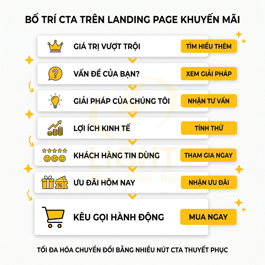 Bố trí các nút CTA trên landing page khuyến mãi với nội dung giá trị, giải pháp, ưu đãi và kêu gọi mua ngay