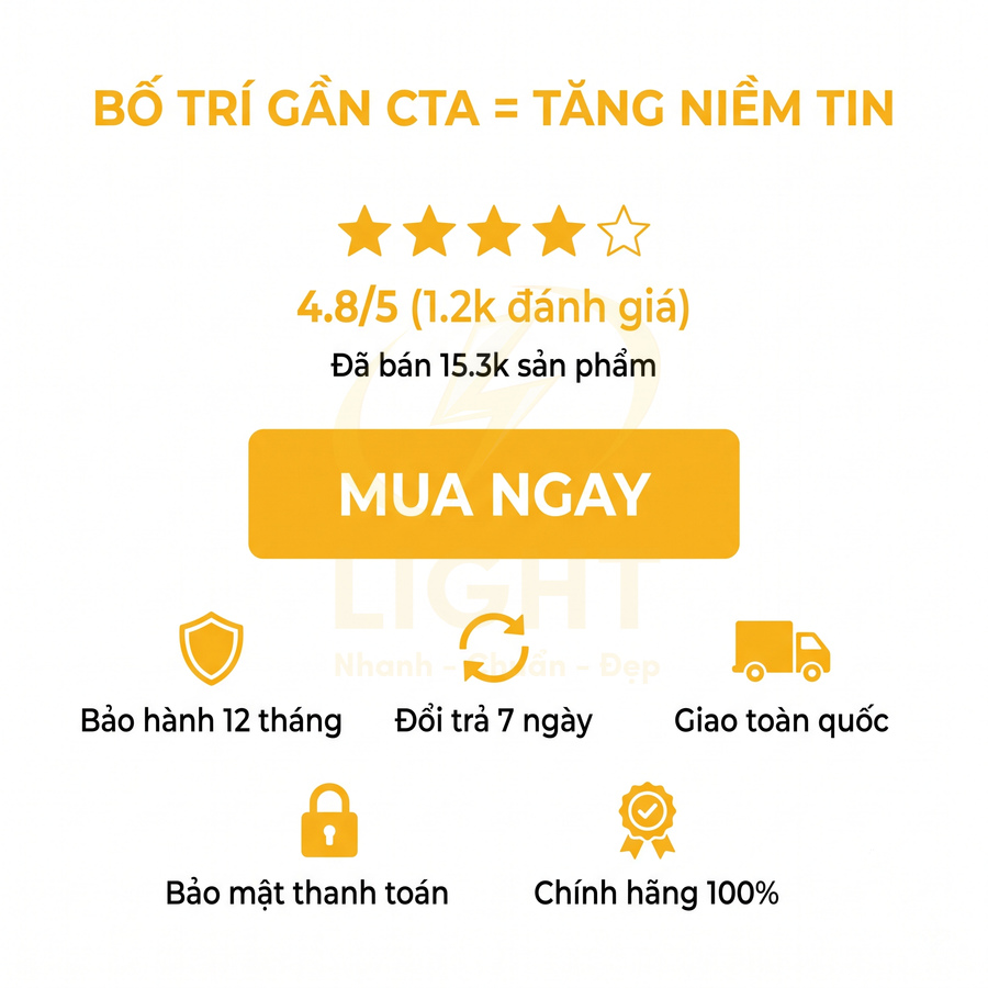 Nút mua ngay màu vàng kèm đánh giá 4.8 sao, thông tin bảo hành 12 tháng, đổi trả 7 ngày, giao hàng toàn quốc