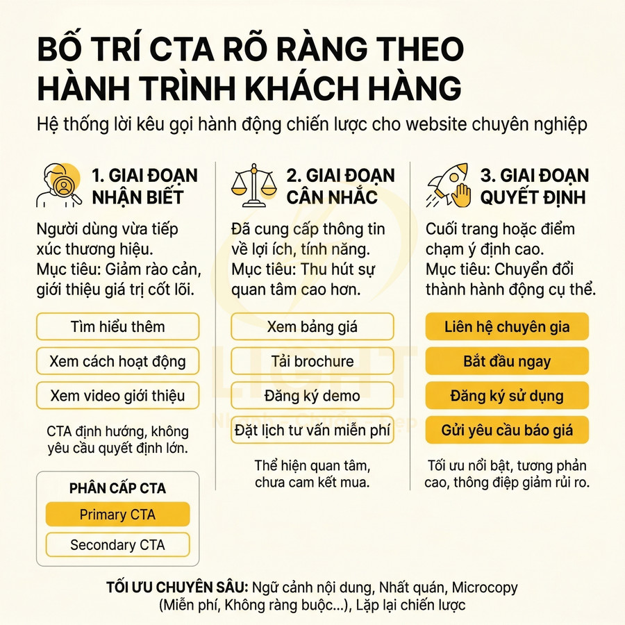 Hướng dẫn bố trí CTA theo 3 giai đoạn hành trình khách hàng với ví dụ nút kêu gọi hành động nổi bật