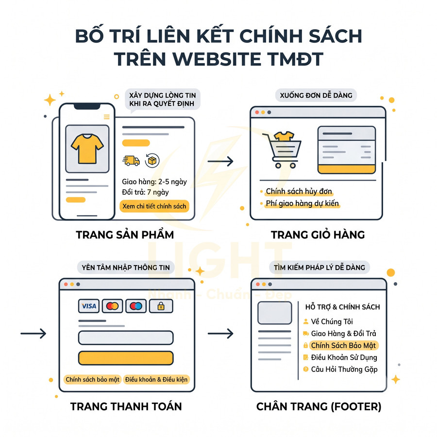 Sơ đồ bố trí liên kết chính sách trên website thương mại điện tử từ trang sản phẩm đến trang thanh toán và chân trang