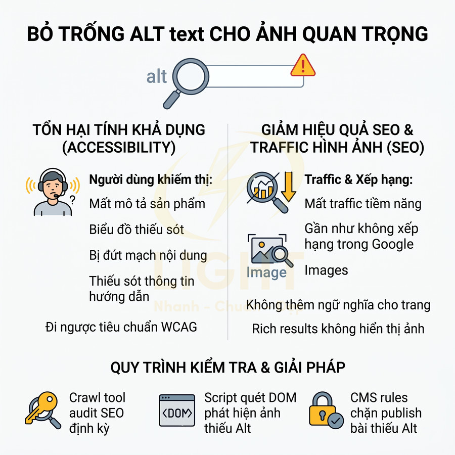 Infographic giải thích tác hại bỏ trống thẻ alt ảnh với accessibility, SEO và quy trình kiểm tra khắc phục