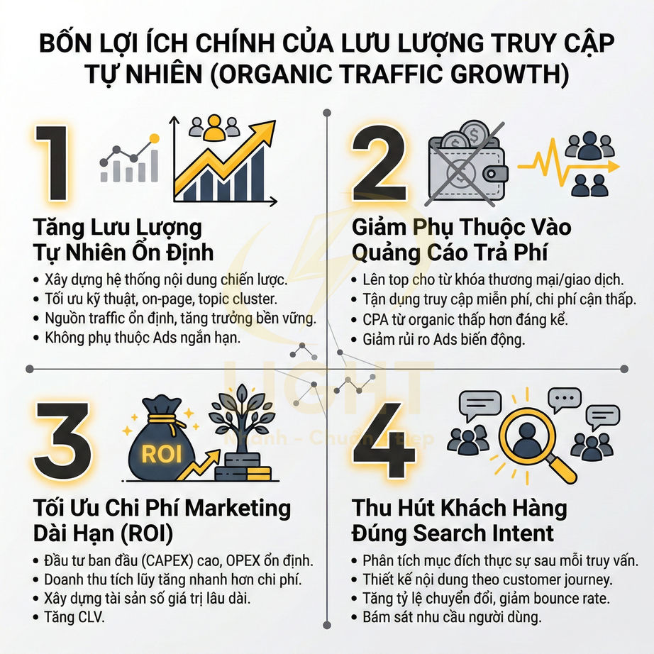Infographic bốn lợi ích chính của lưu lượng truy cập tự nhiên trong SEO và marketing online