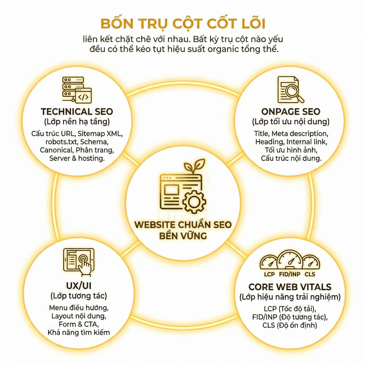 Mô hình bốn trụ cột cốt lõi xây dựng website chuẩn SEO bền vững bằng tiếng Việt