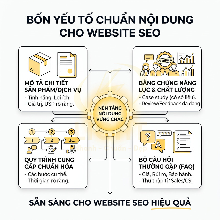 Bốn yếu tố chuẩn nội dung cho website SEO với nền tảng nội dung vững chắc và quy trình tối ưu hiệu quả