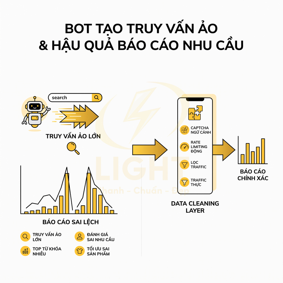 Minh họa bot tạo truy vấn ảo và lớp làm sạch dữ liệu giúp lọc traffic để tạo báo cáo nhu cầu chính xác