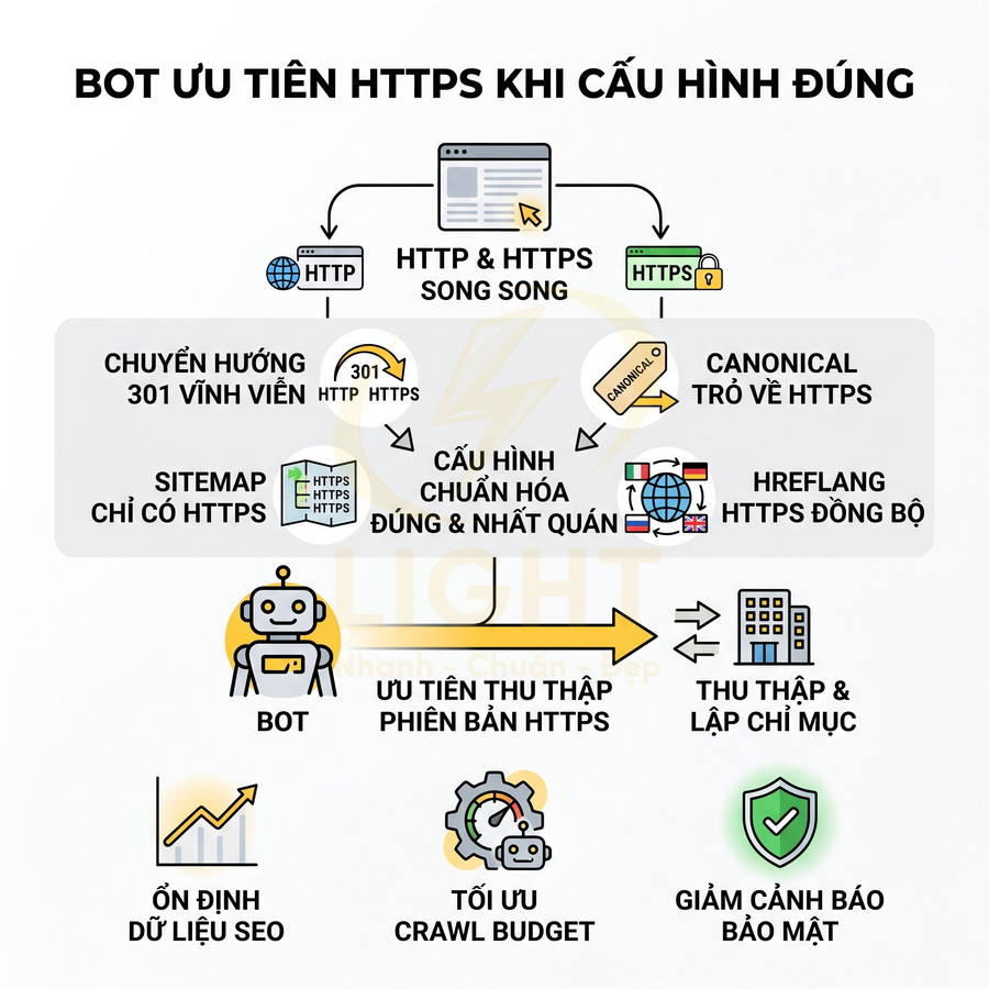 Sơ đồ ưu tiên HTTPS cho SEO với chuyển hướng 301, sitemap HTTPS, canonical và hreflang đồng bộ