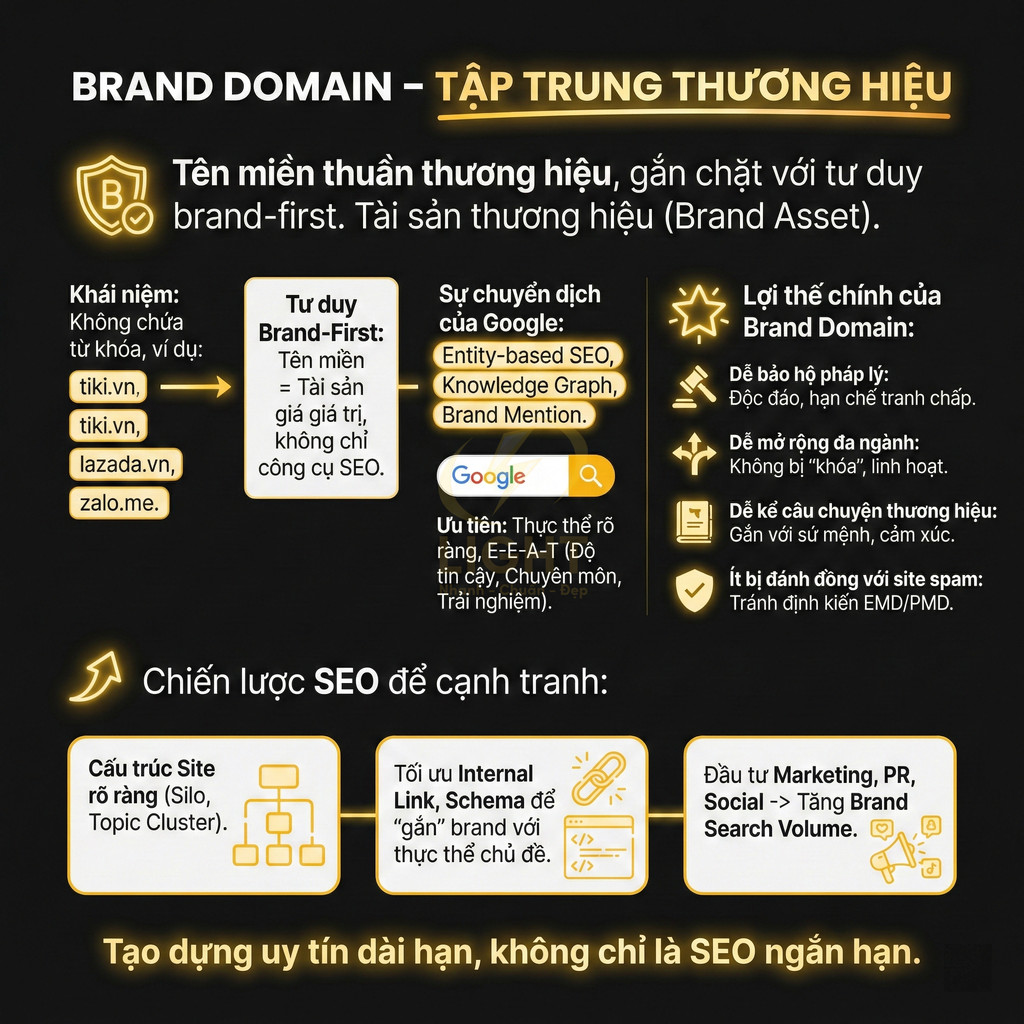Infographic hướng dẫn chọn tên miền thuần thương hiệu và chiến lược SEO tập trung Brand Domain