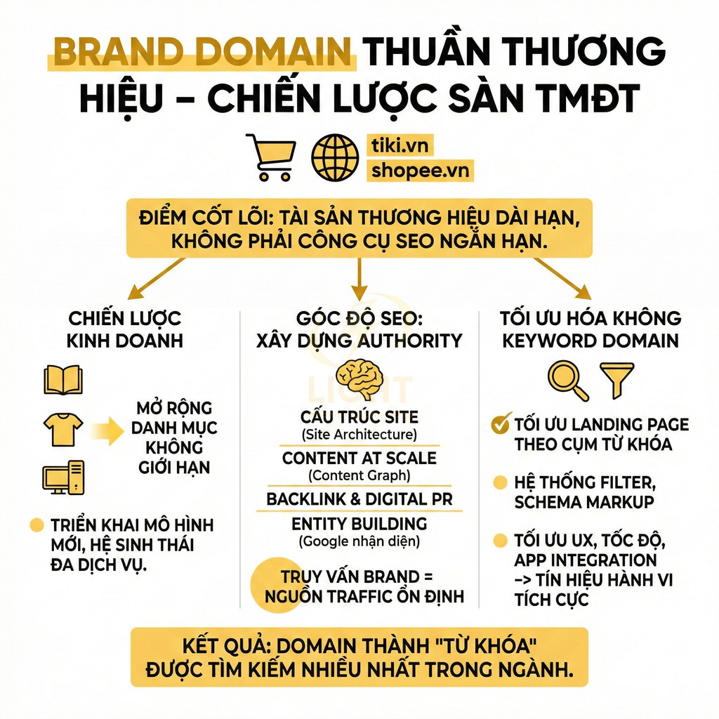 Infographic chiến lược brand domain cho sàn thương mại điện tử tiki.vn và shopee.vn tập trung xây dựng authority SEO