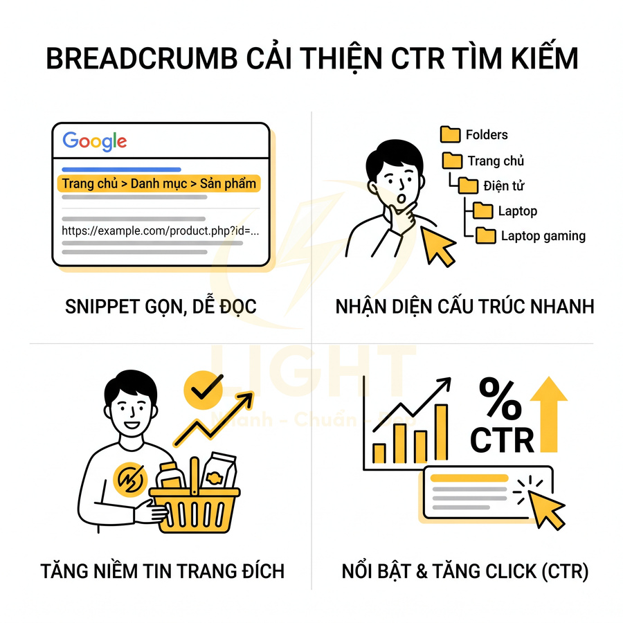 Infographic breadcrumb trong SEO với lợi ích tăng CTR, snippet dễ đọc, nhận diện cấu trúc nhanh và tăng niềm tin trang đích