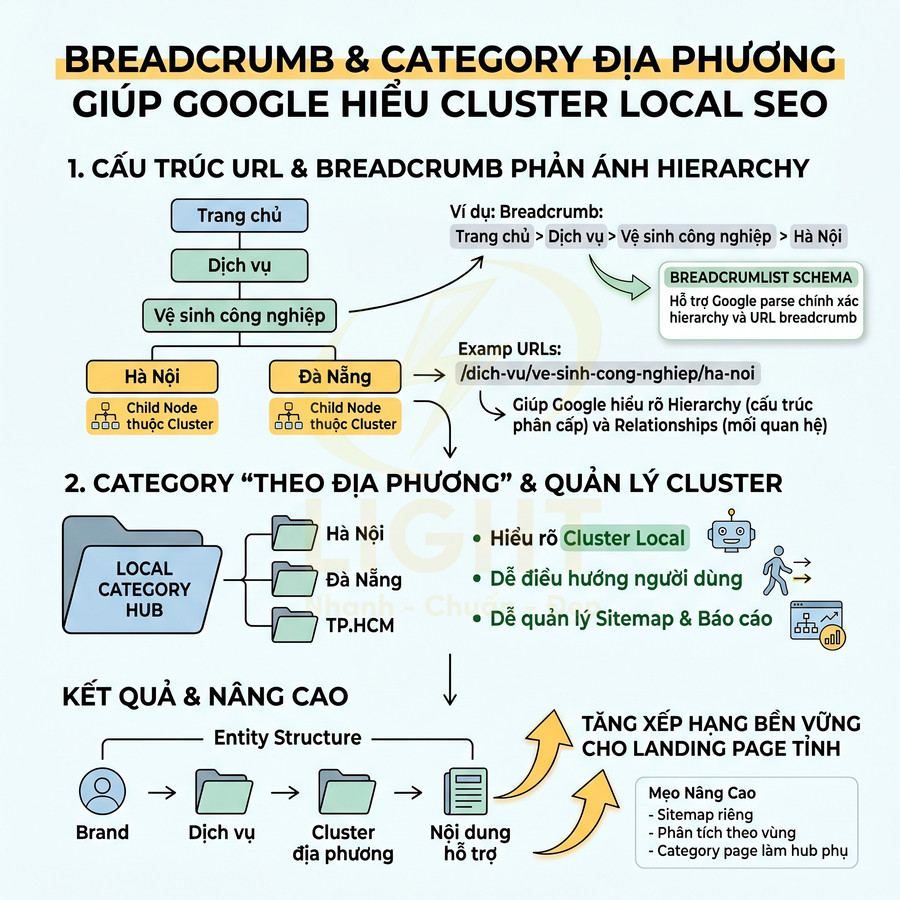 Hướng dẫn cấu trúc breadcrumb và category địa phương giúp Google hiểu cluster local SEO