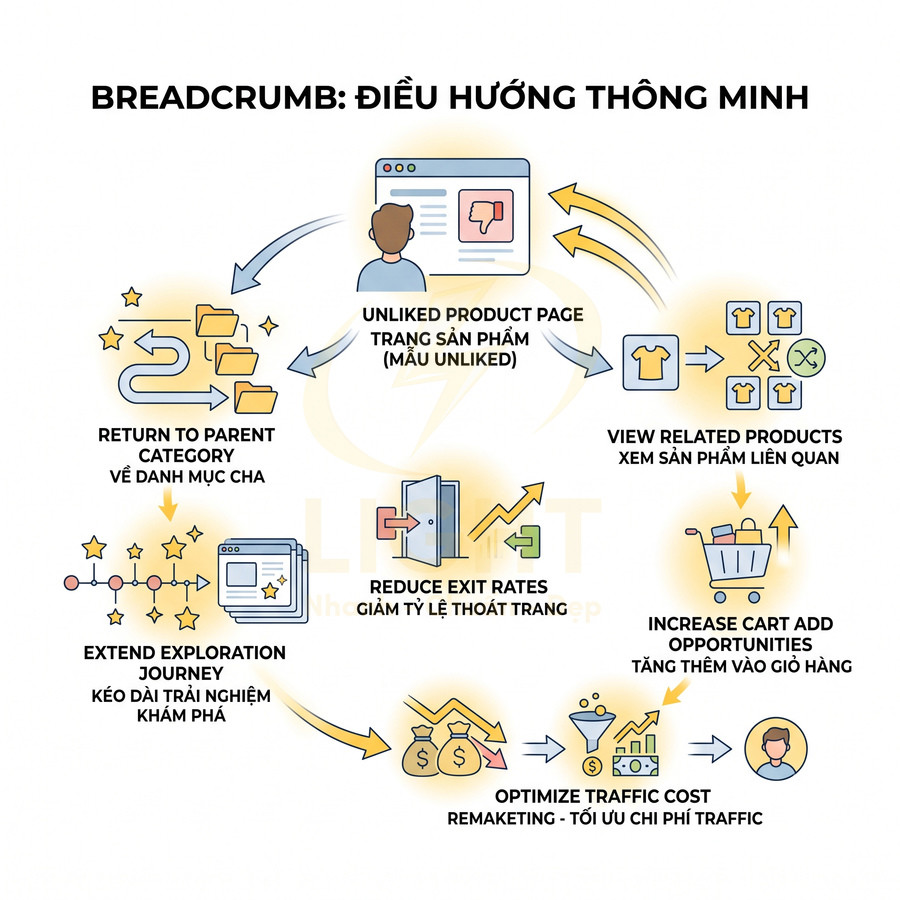 Infographic quy trình breadcrumb điều hướng thông minh cho website thương mại điện tử, tăng trải nghiệm và tối ưu chuyển đổi