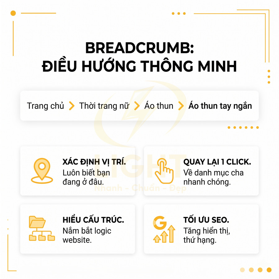 Breadcrumb điều hướng thông minh trên website thời trang nữ với lợi ích xác định vị trí, quay lại nhanh, hiểu cấu trúc, tối ưu SEO