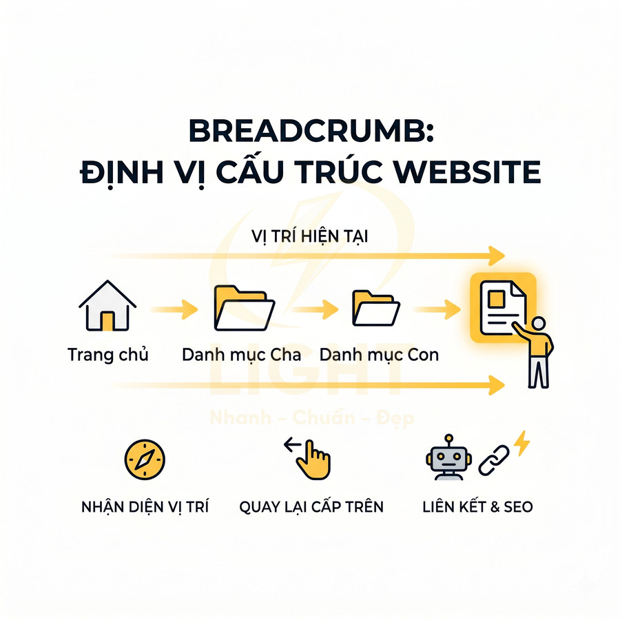 Minh họa breadcrumb định vị cấu trúc website từ trang chủ đến danh mục cha, danh mục con và trang hiện tại