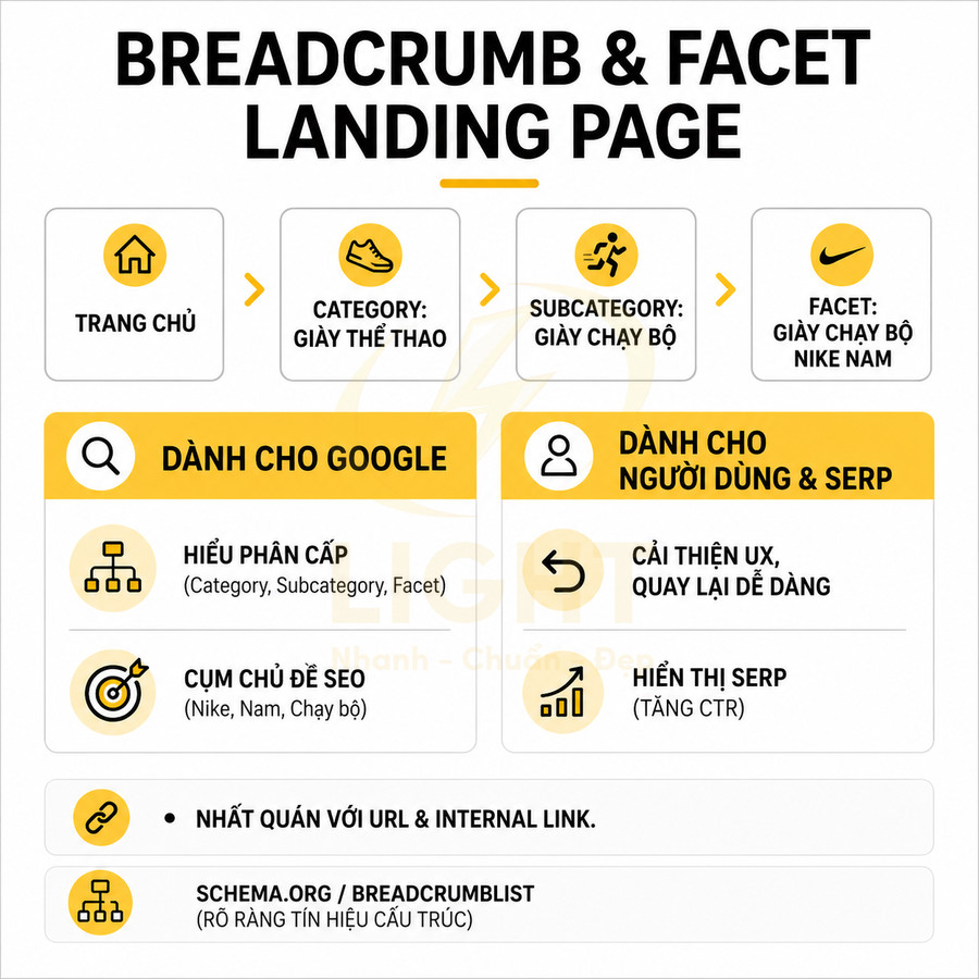 Sơ đồ breadcrumb và facet cho landing page giày chạy bộ Nike nam, lợi ích cho SEO và trải nghiệm người dùng