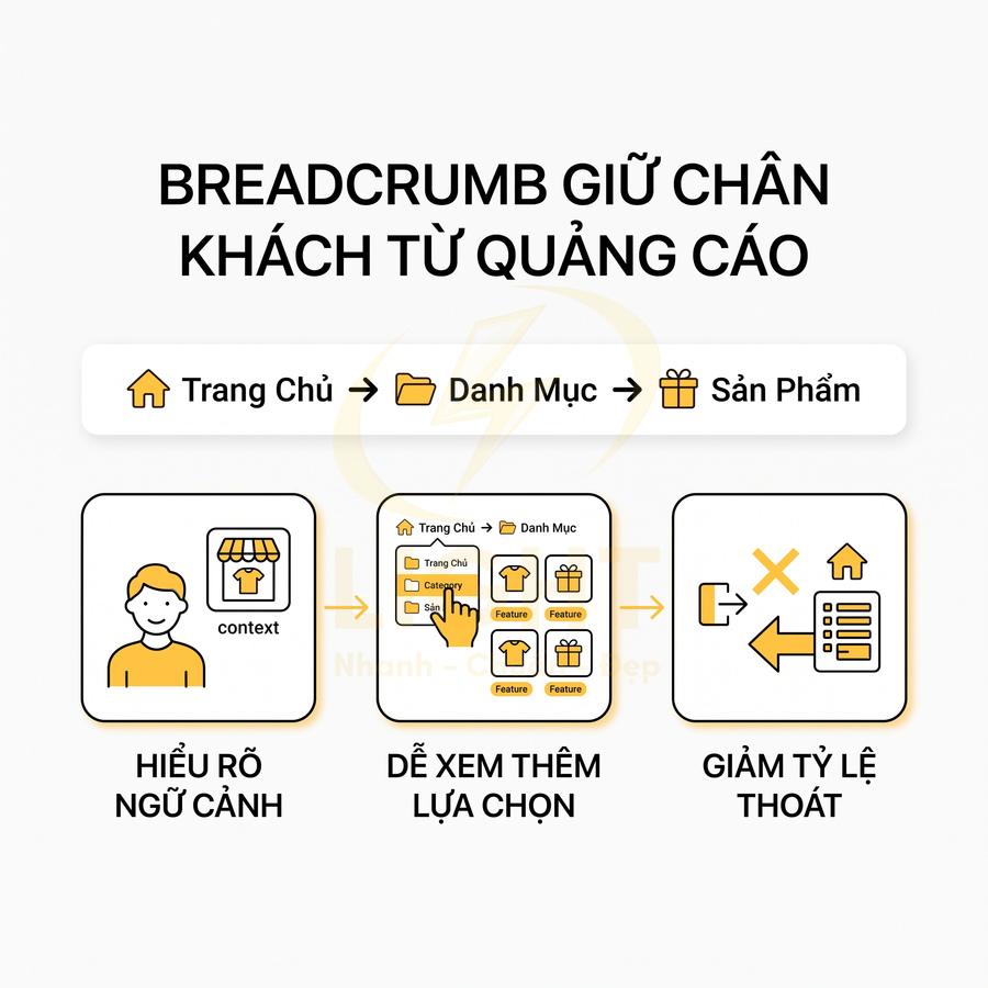 Minh họa breadcrumb trên website thương mại điện tử giúp khách hiểu ngữ cảnh, xem thêm lựa chọn và giảm tỷ lệ thoát