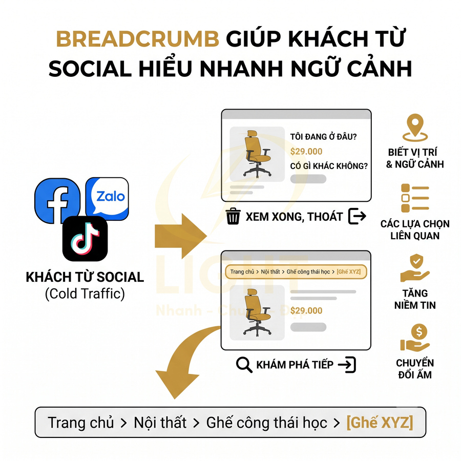 Breadcrumb điều hướng cho trang sản phẩm ghế công thái học màu vàng giúp khách từ mạng xã hội hiểu ngữ cảnh