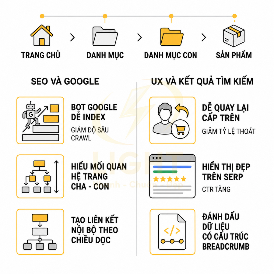 Infographic breadcrumb website từ trang chủ đến sản phẩm và lợi ích cho SEO Google, UX, hiển thị SERP