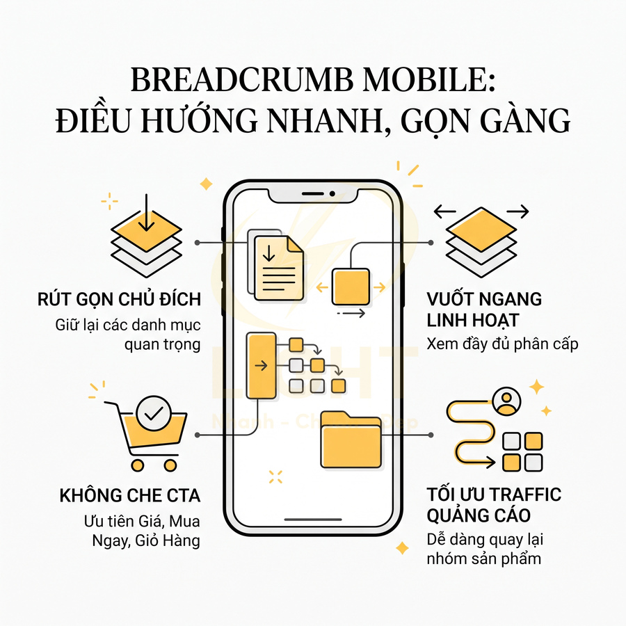 Minh họa breadcrumb mobile trên giao diện điện thoại, tối ưu điều hướng nhanh gọn cho website di động