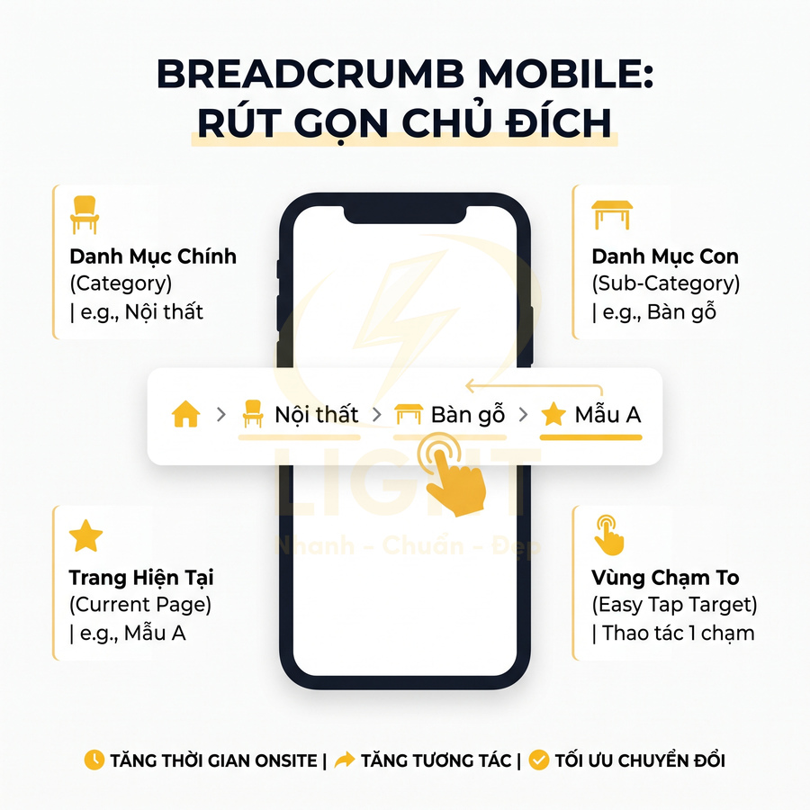 Giao diện breadcrumb mobile rút gọn cho danh mục nội thất trên màn hình điện thoại thông minh
