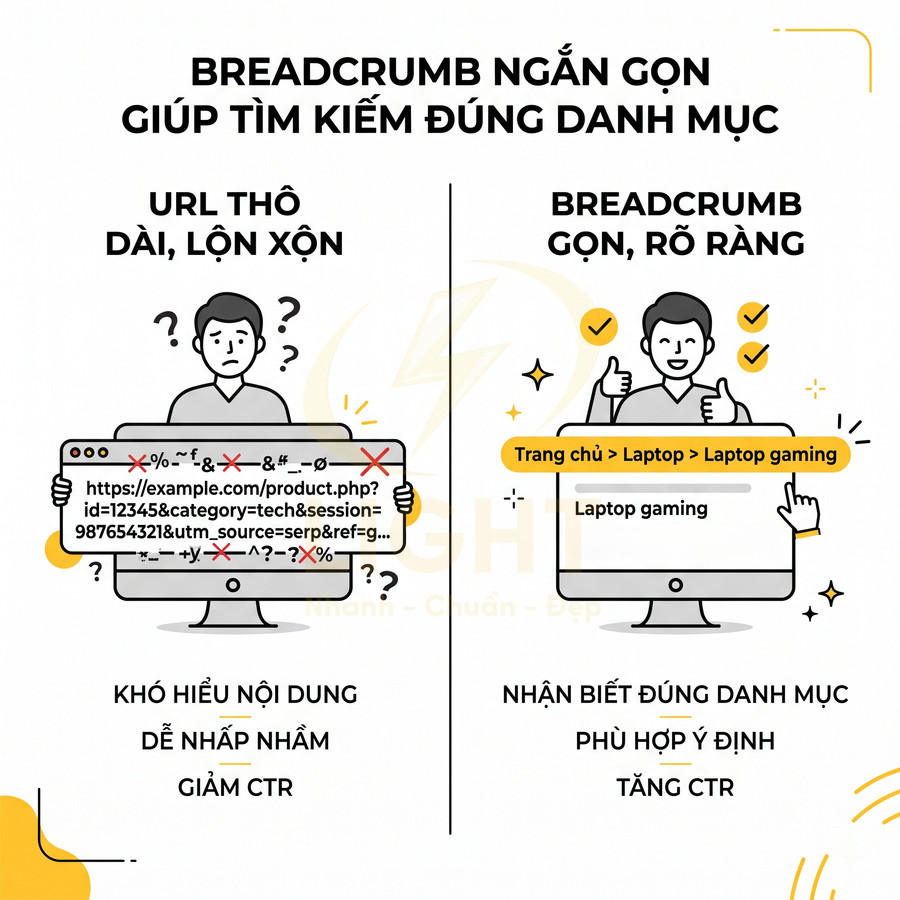 So sánh URL thô lộn xộn và breadcrumb ngắn gọn rõ ràng giúp người dùng tìm đúng danh mục laptop gaming